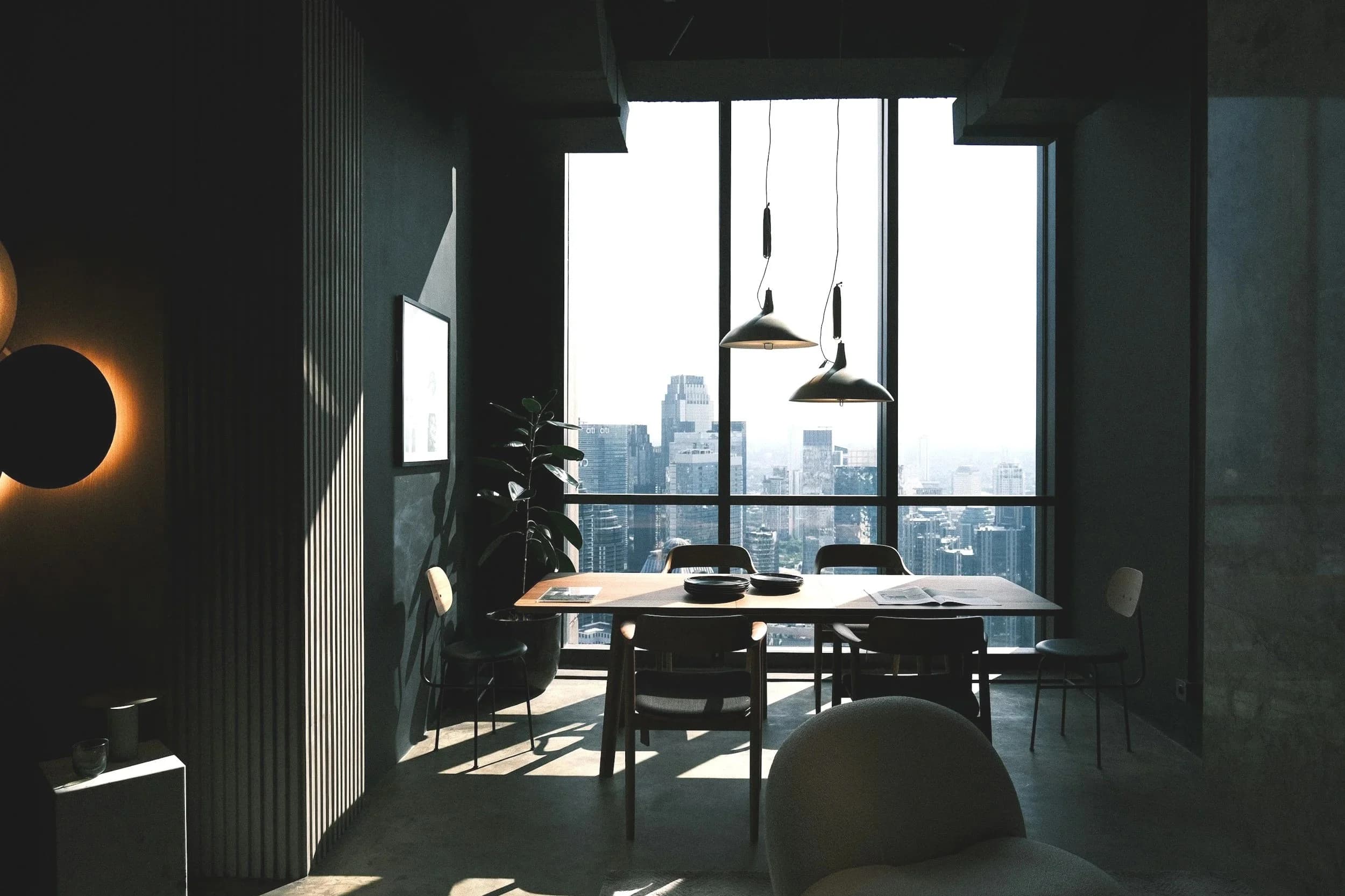 Luxury office interior overlooking London cityscape